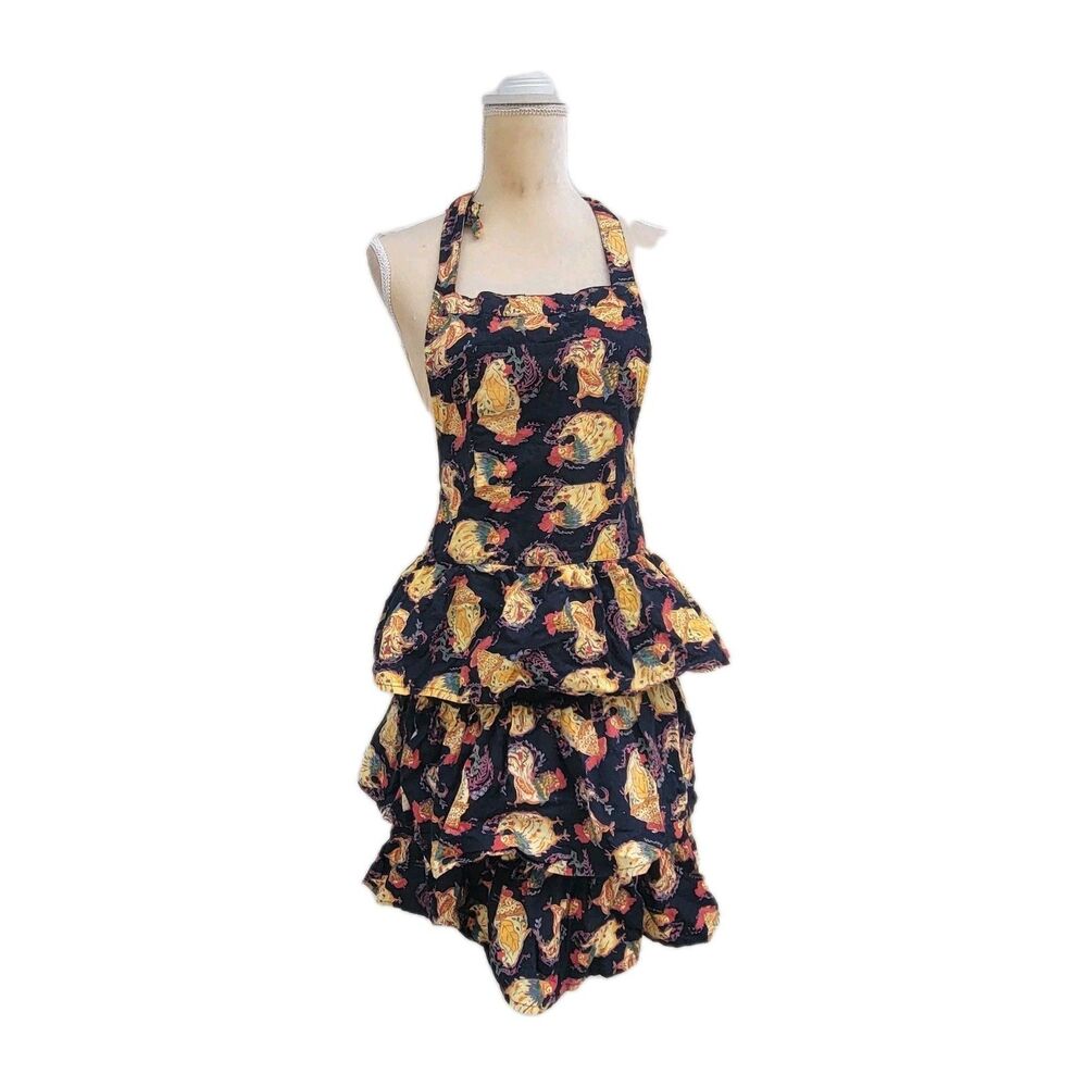 April Cornell Tiered Ruffle rooster print Kitchen Apron One Size Cotton
